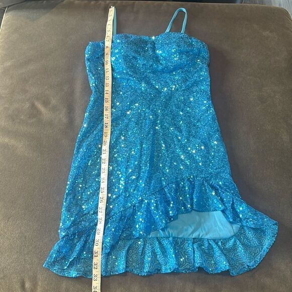 Women’s Blue Sequined Short Prom Party Homecoming Dress Ruffle Hem Size 8 - Picture 9 of 13